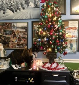 Tree on desk, all decked out, with Caly looking at it.